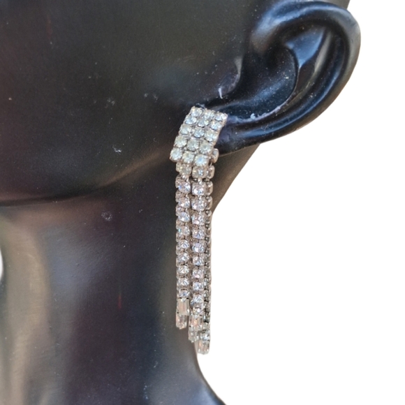 Vintage Crystal Fringe Dangle Earrings - 80s Glam Statement - Picture 1 of 5